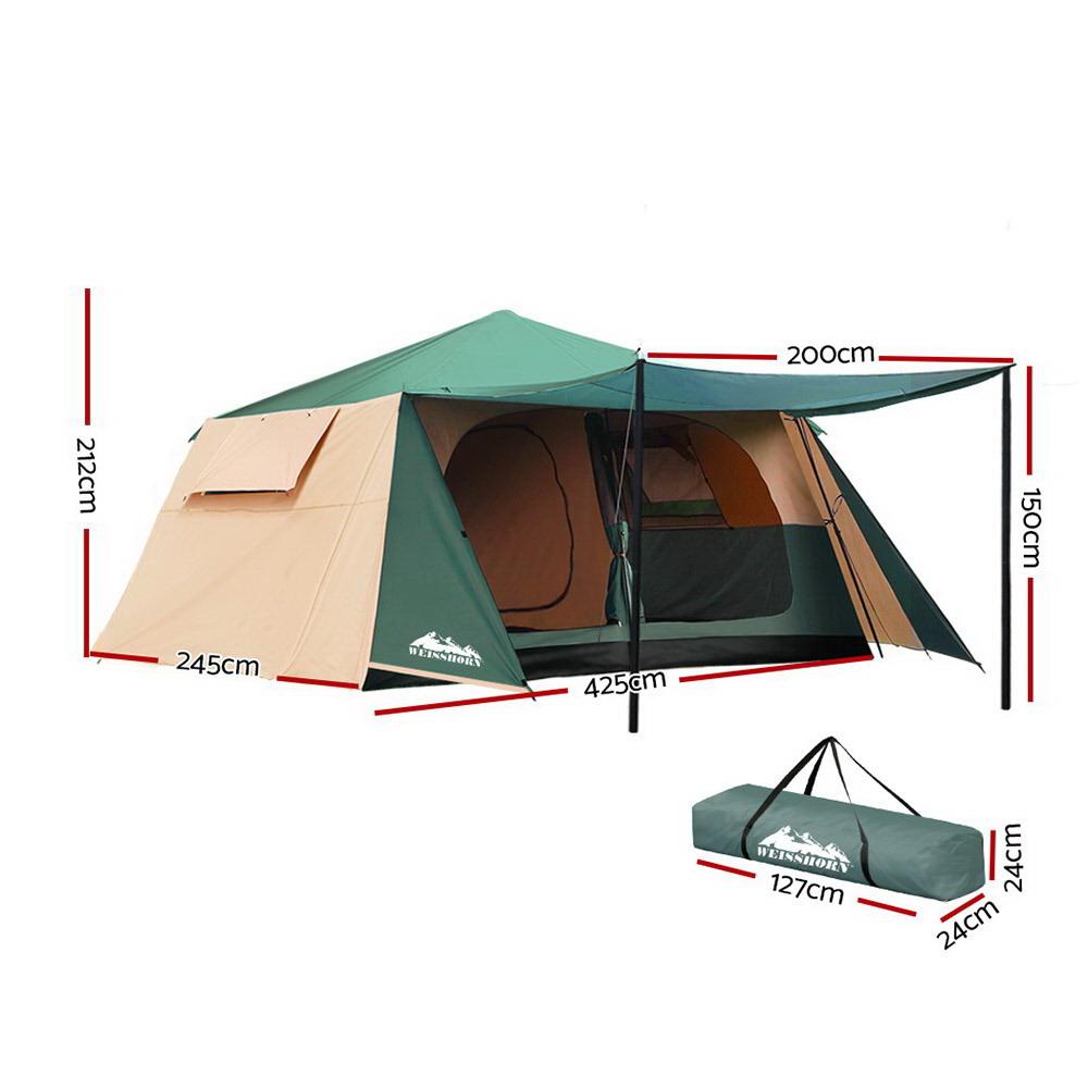 Weisshorn Instant Up Camping Tent for 8 people, featuring a spacious dome design with mesh windows and a waterproof exterior, set up in a natural outdoor setting.