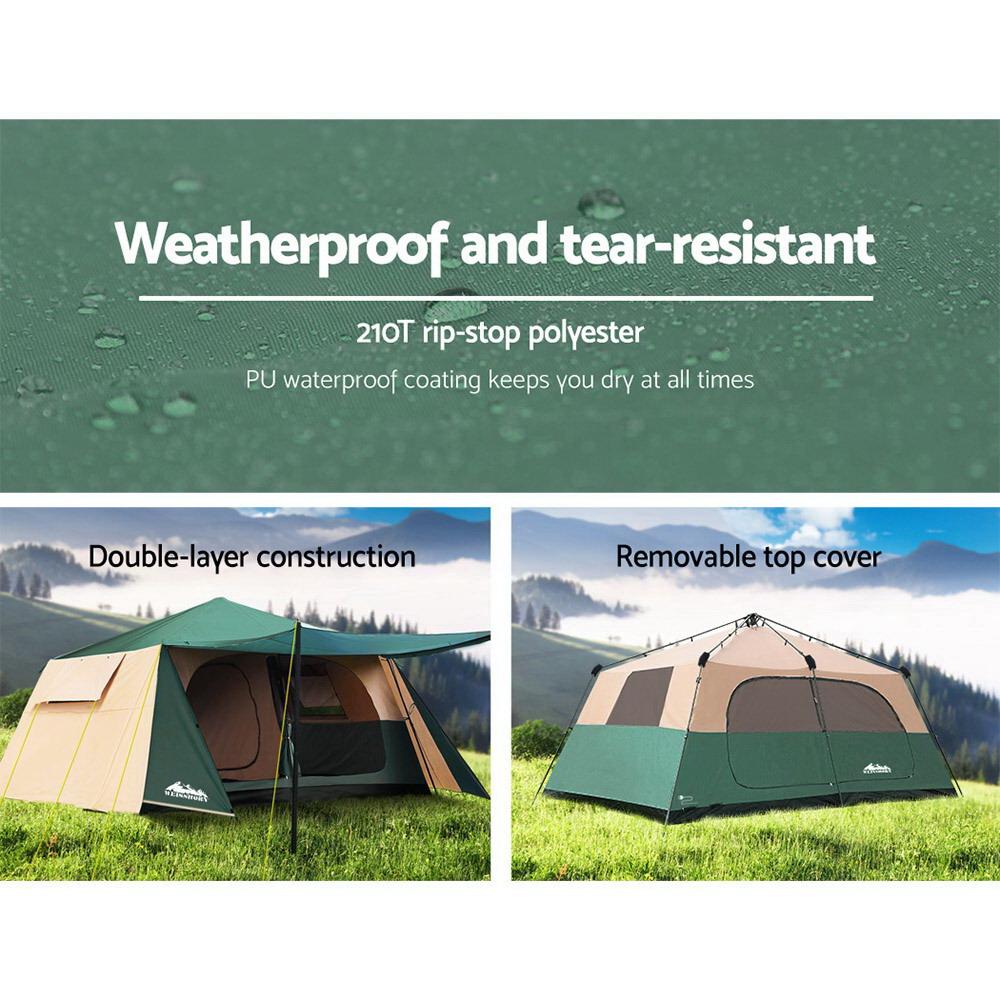 Weisshorn Instant Up Camping Tent for 8 people, featuring a spacious dome design with mesh windows and a waterproof exterior, set up in a natural outdoor setting.