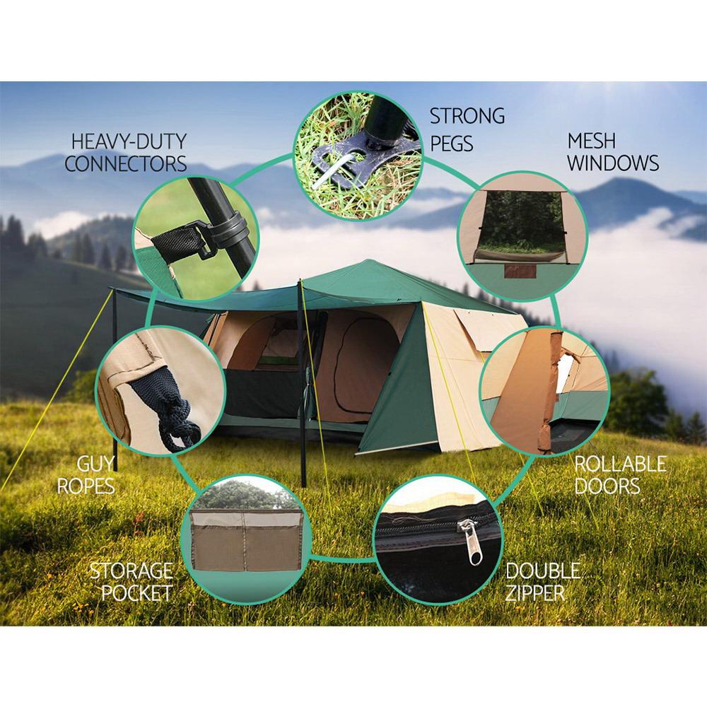 Weisshorn Instant Up Camping Tent for 8 people, featuring a spacious dome design with mesh windows and a waterproof exterior, set up in a natural outdoor setting.