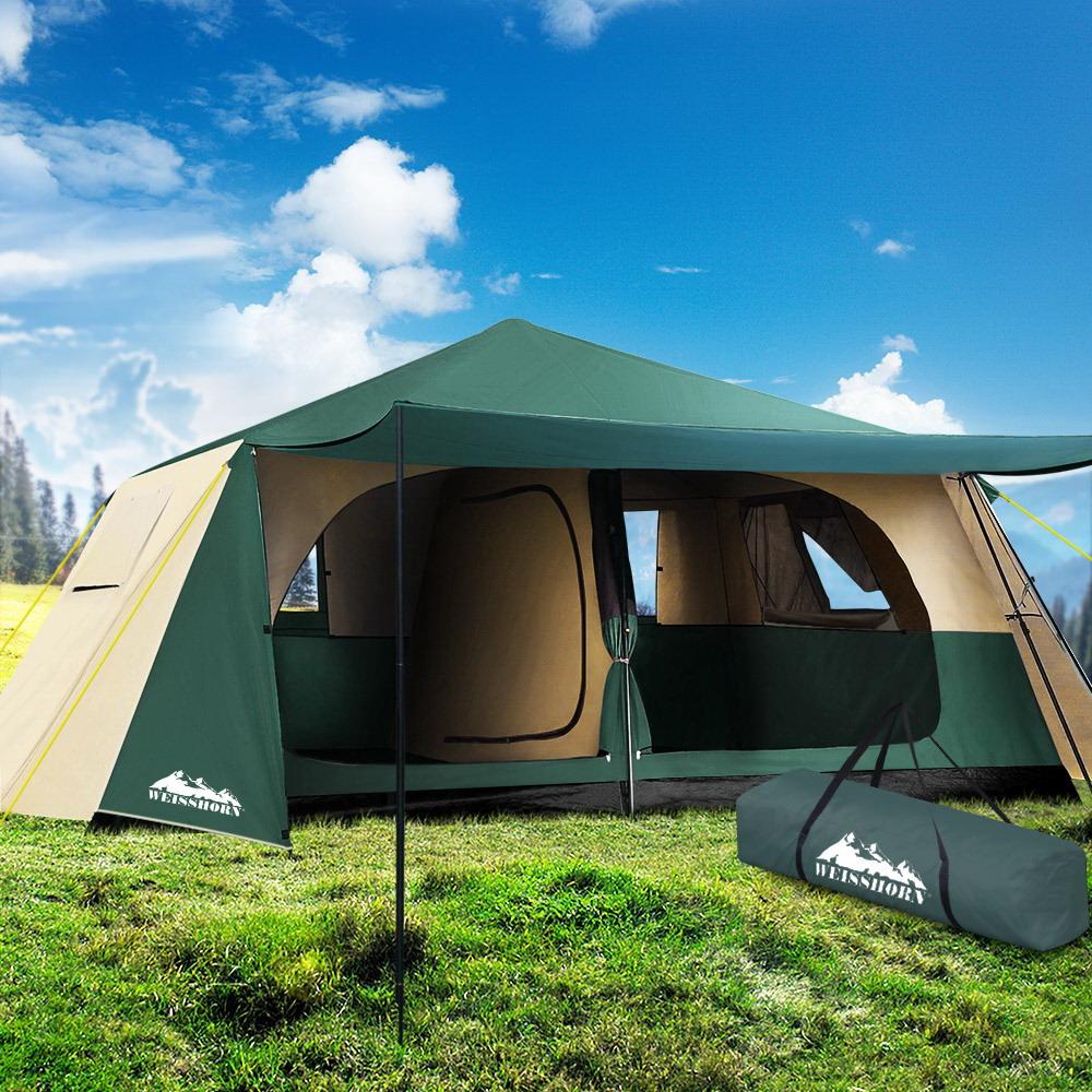 Weisshorn Instant Up Camping Tent for 8 people, featuring a spacious dome design with mesh windows and a waterproof exterior, set up in a natural outdoor setting.