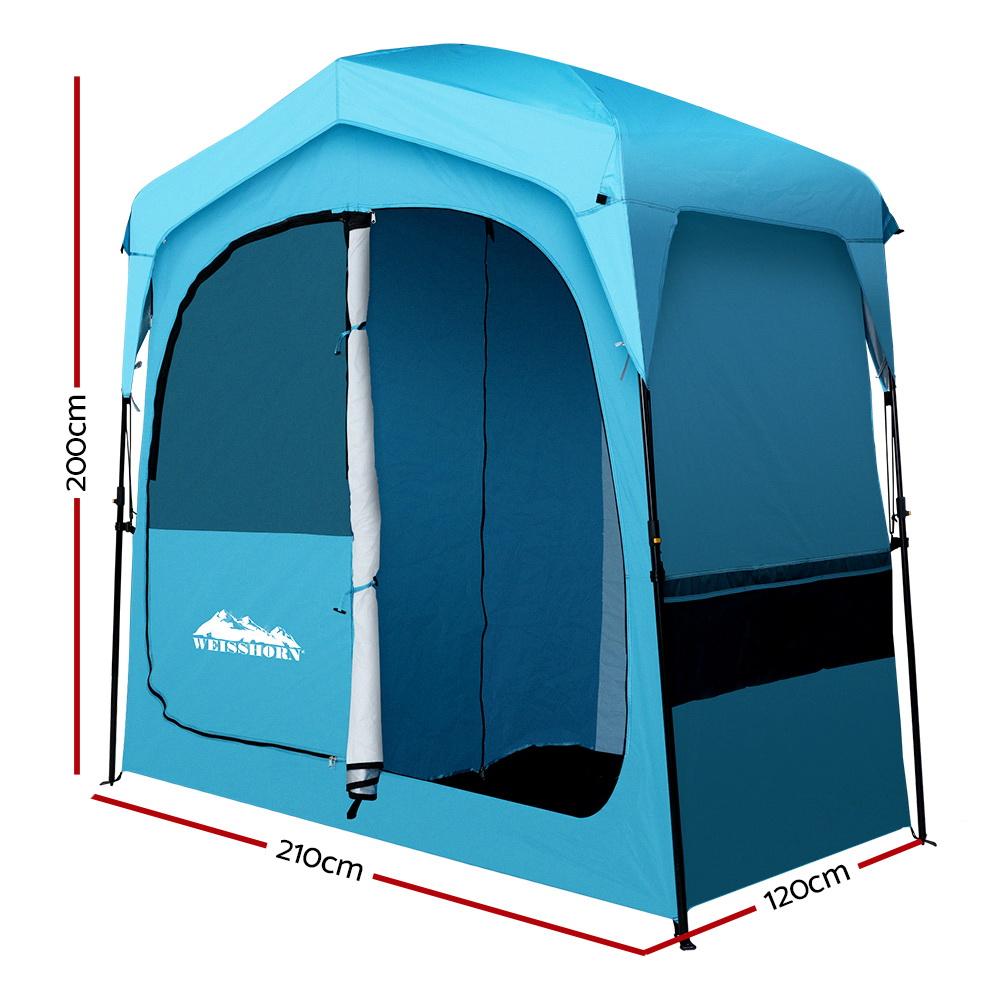 Weisshorn Pop Up Camping Shower Tent in blue, showcasing its spacious interior and sturdy design, perfect for outdoor changing and showering.