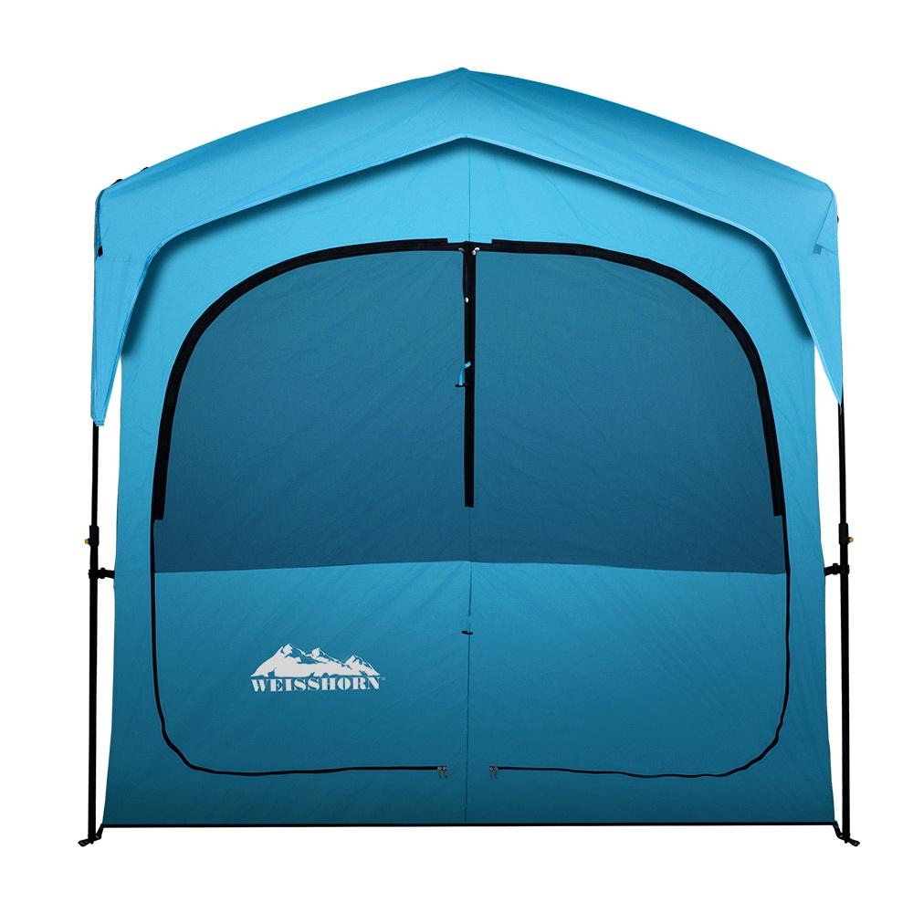 Weisshorn Pop Up Camping Shower Tent in blue, showcasing its spacious interior and sturdy design, perfect for outdoor changing and showering.