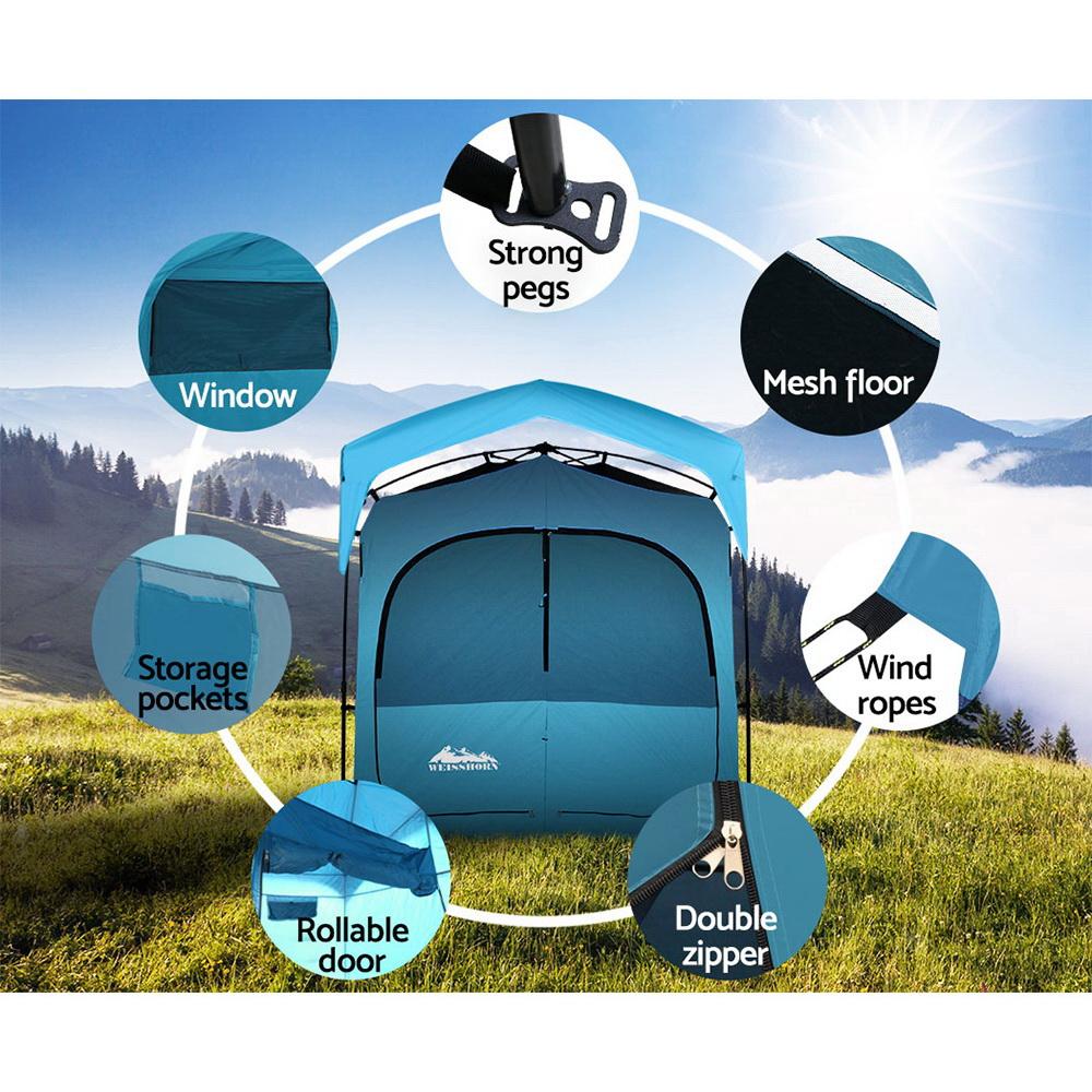 Weisshorn Pop Up Camping Shower Tent in blue, showcasing its spacious interior and sturdy design, perfect for outdoor changing and showering.