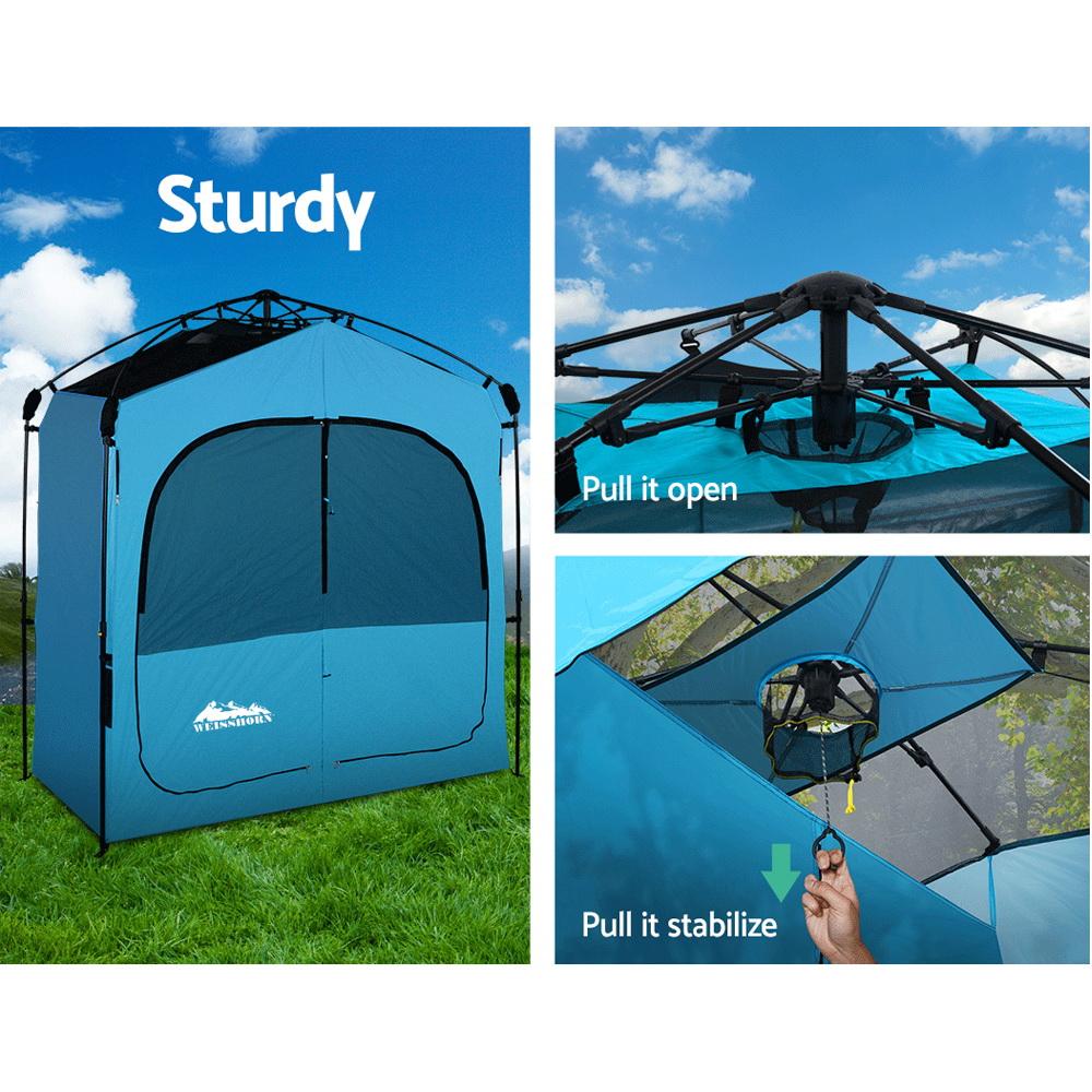 Weisshorn Pop Up Camping Shower Tent in blue, showcasing its spacious interior and sturdy design, perfect for outdoor changing and showering.