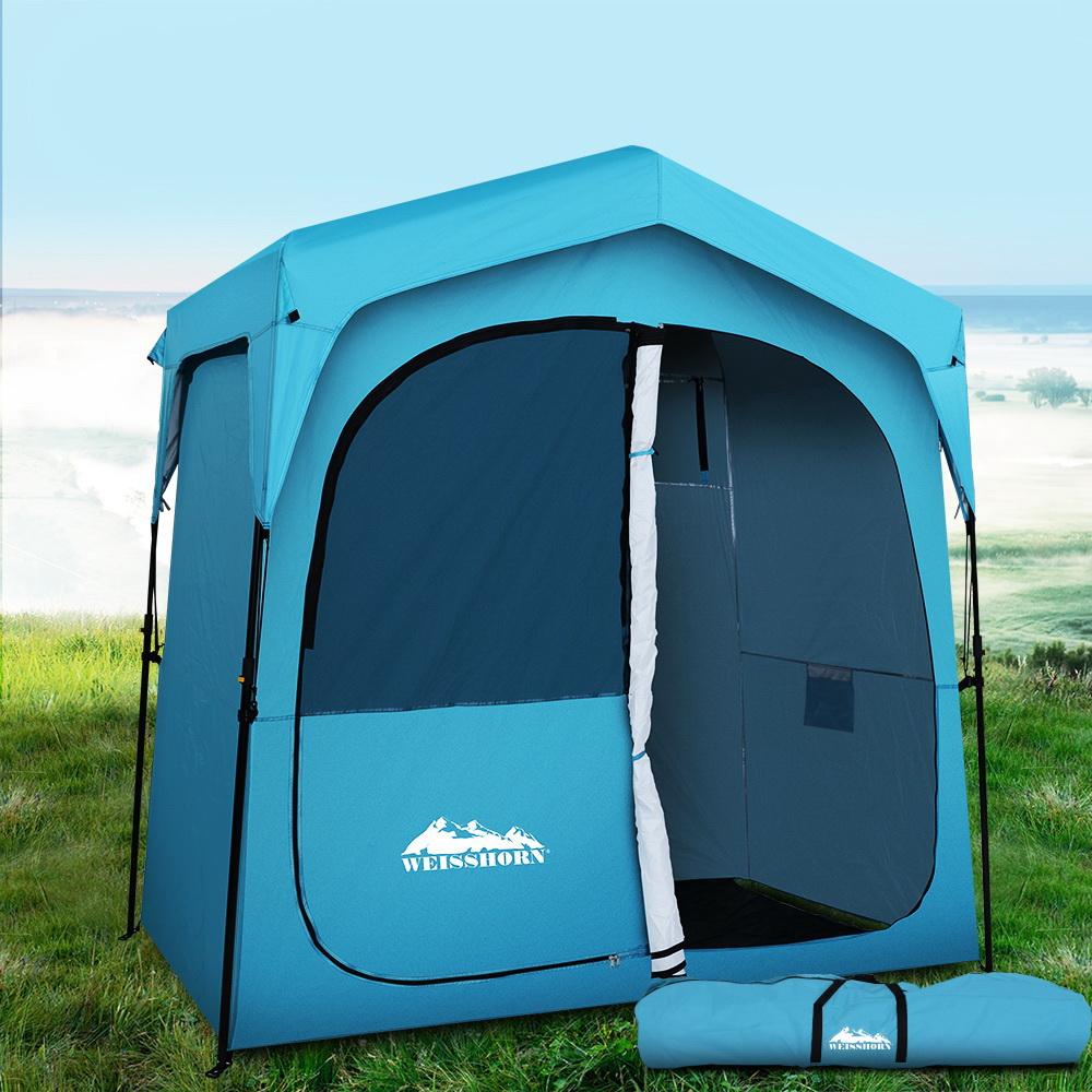 Weisshorn Pop Up Camping Shower Tent in blue, showcasing its spacious interior and sturdy design, perfect for outdoor changing and showering.