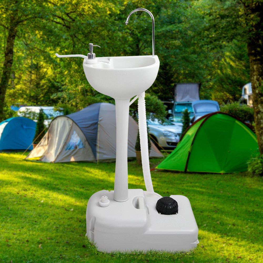 Weisshorn Portable Camping Wash Basin 19L with foot pump, soap holder, and towel rack, designed for outdoor hygiene.