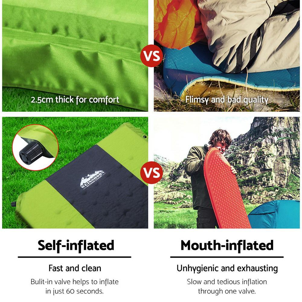 Weisshorn Self Inflating Mattress in green color, showcasing its smooth surface and durable design, ideal for camping.