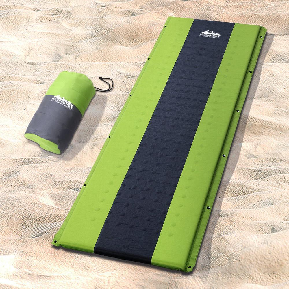 Weisshorn Self Inflating Mattress in green color, showcasing its smooth surface and durable design, ideal for camping.