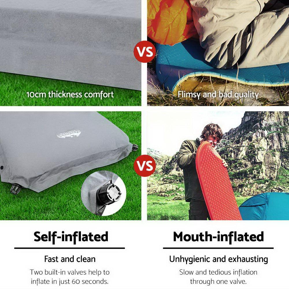 Weisshorn Single Size Self Inflating Mattress in Grey, showcasing its faux suede surface and anti-slip bottom.