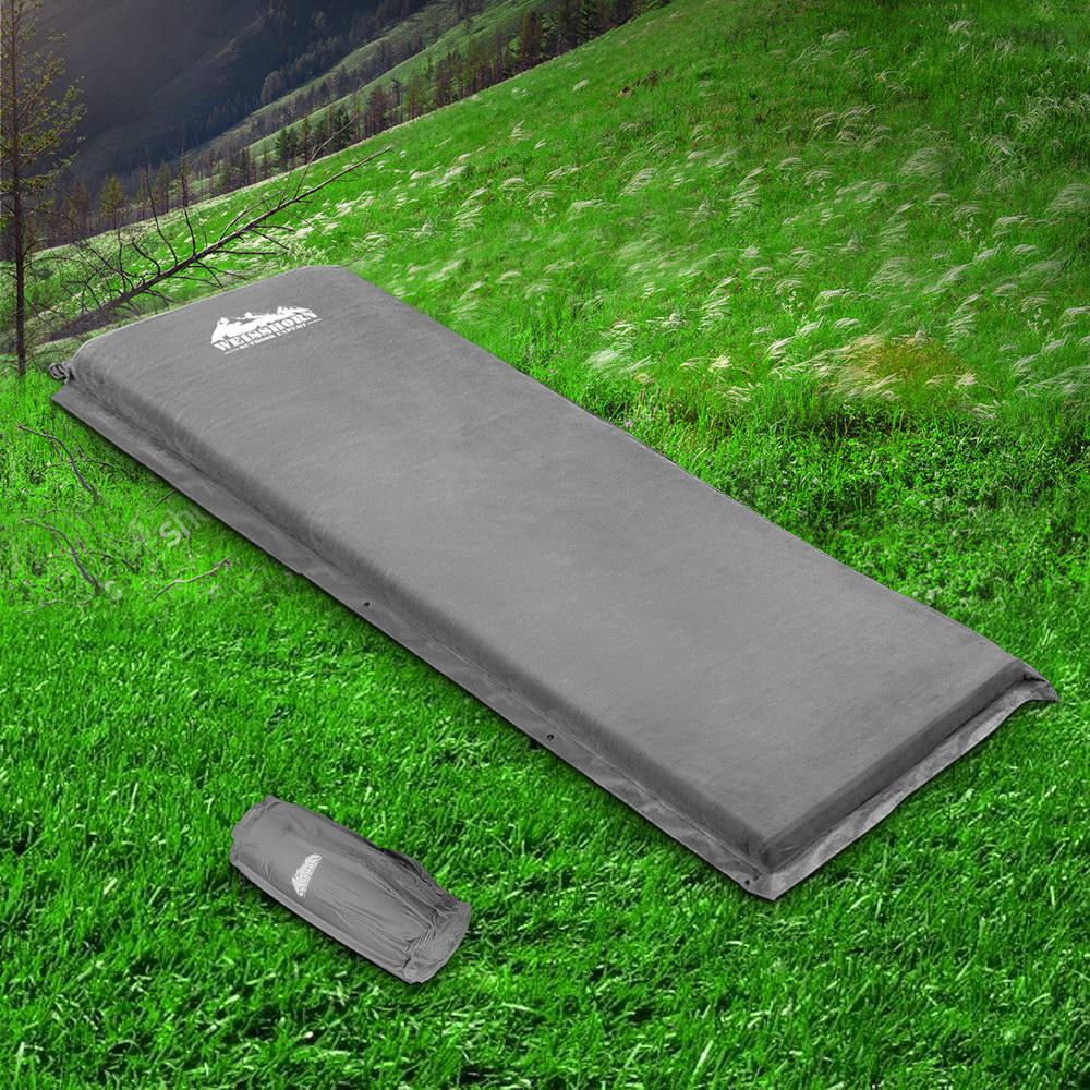 Weisshorn Single Size Self Inflating Mattress in Grey, showcasing its faux suede surface and anti-slip bottom.