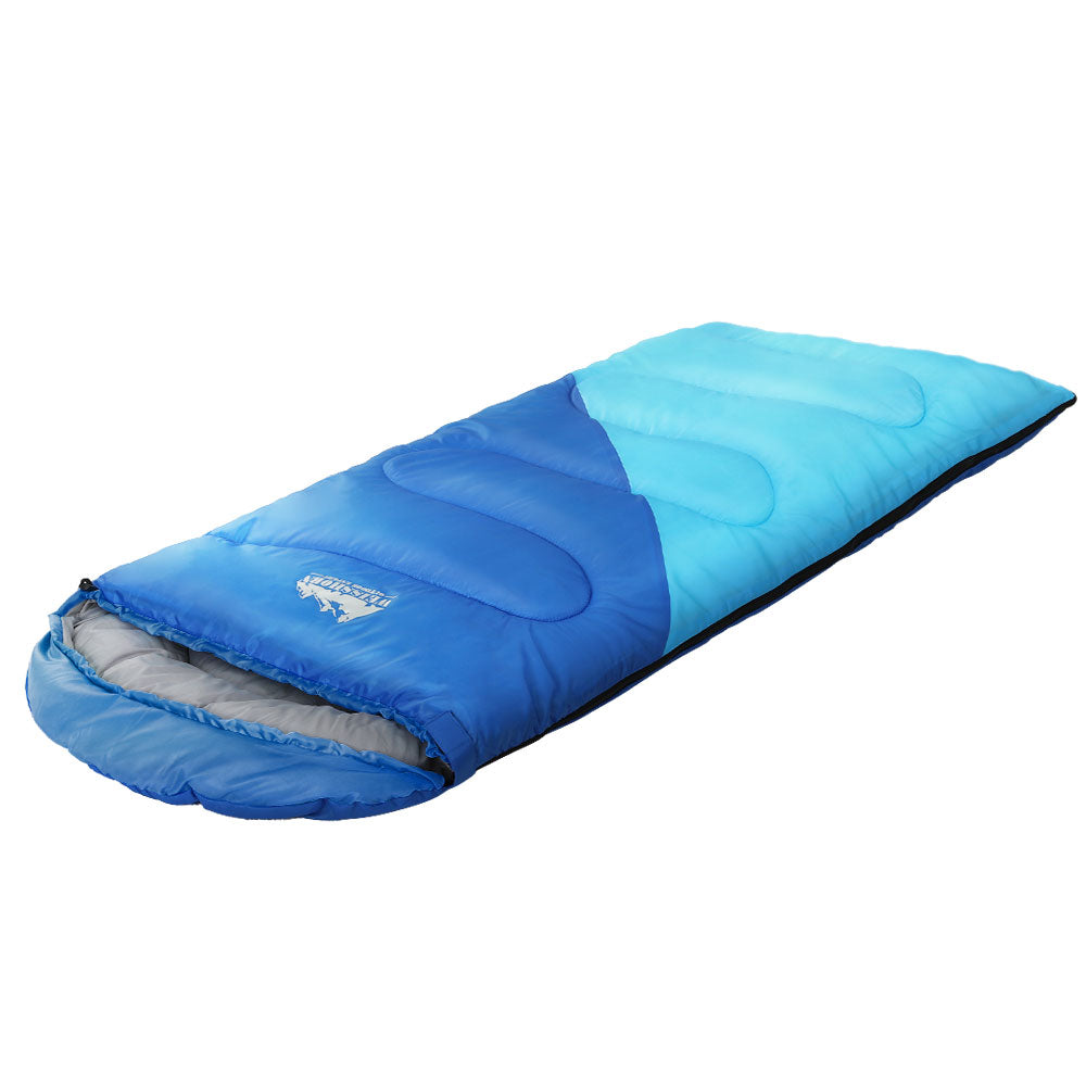 Weisshorn 136cm Kids Sleeping Bag in blue, featuring a colorful design and lightweight, water-resistant material, perfect for camping and hiking.