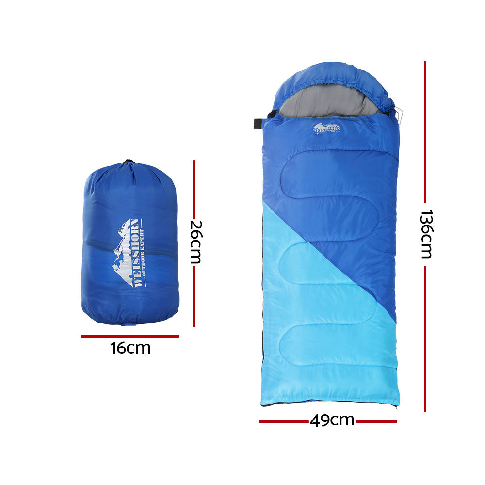 Weisshorn 136cm Kids Sleeping Bag in blue, featuring a colorful design and lightweight, water-resistant material, perfect for camping and hiking.