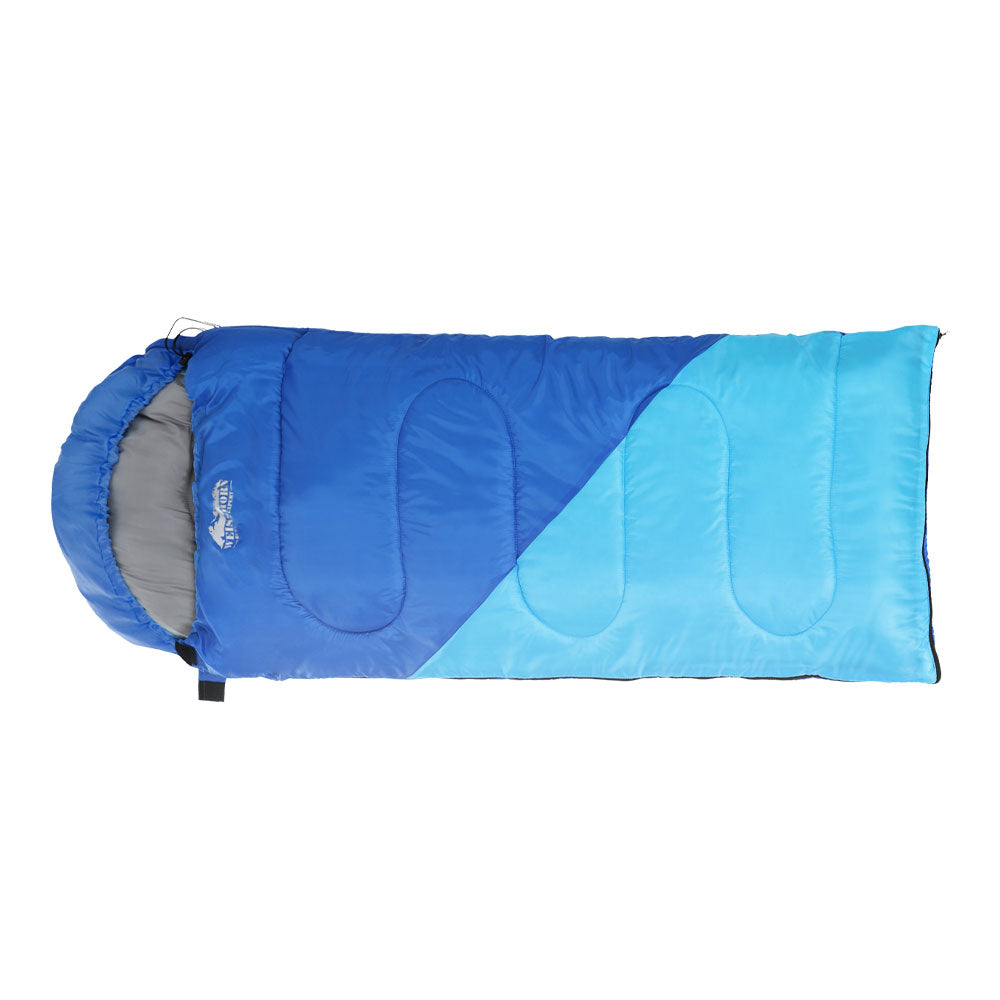 Weisshorn 136cm Kids Sleeping Bag in blue, featuring a colorful design and lightweight, water-resistant material, perfect for camping and hiking.