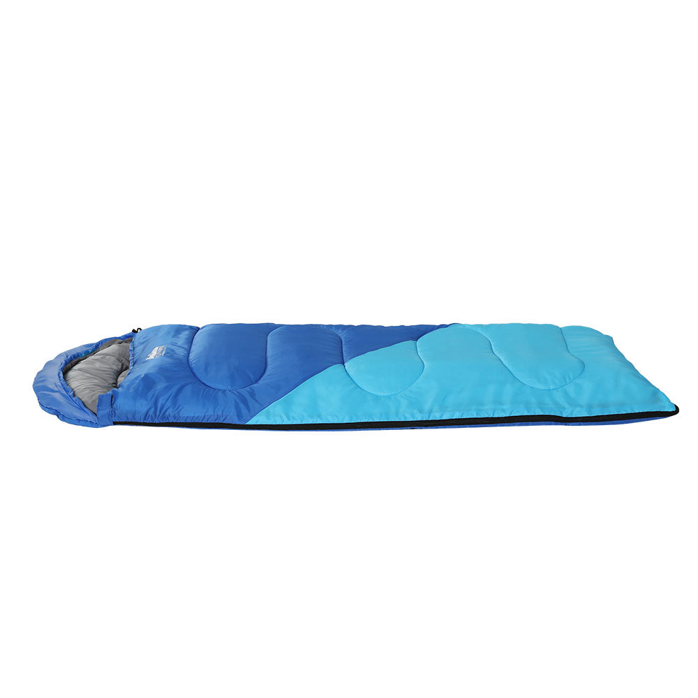 Weisshorn 136cm Kids Sleeping Bag in blue, featuring a colorful design and lightweight, water-resistant material, perfect for camping and hiking.