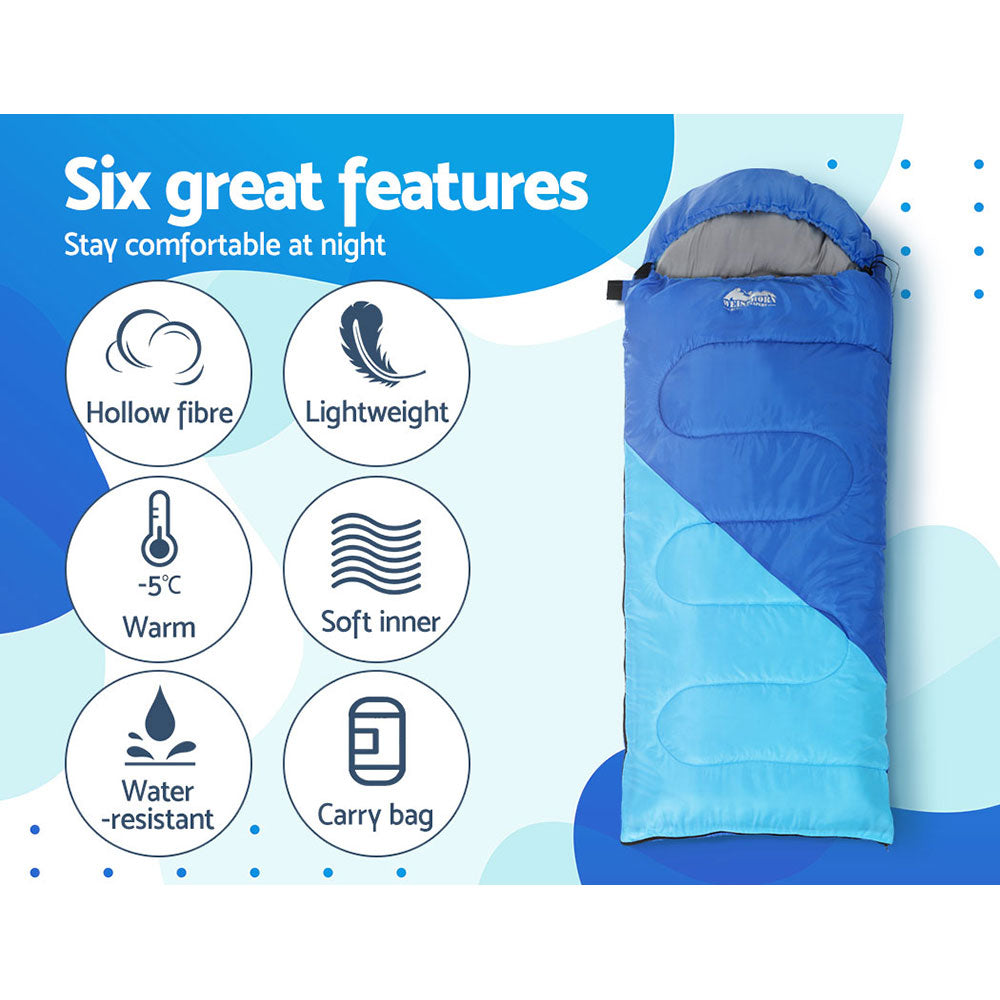 Weisshorn 136cm Kids Sleeping Bag in blue, featuring a colorful design and lightweight, water-resistant material, perfect for camping and hiking.