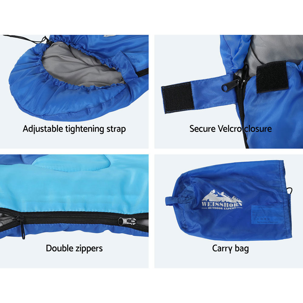 Weisshorn 136cm Kids Sleeping Bag in blue, featuring a colorful design and lightweight, water-resistant material, perfect for camping and hiking.