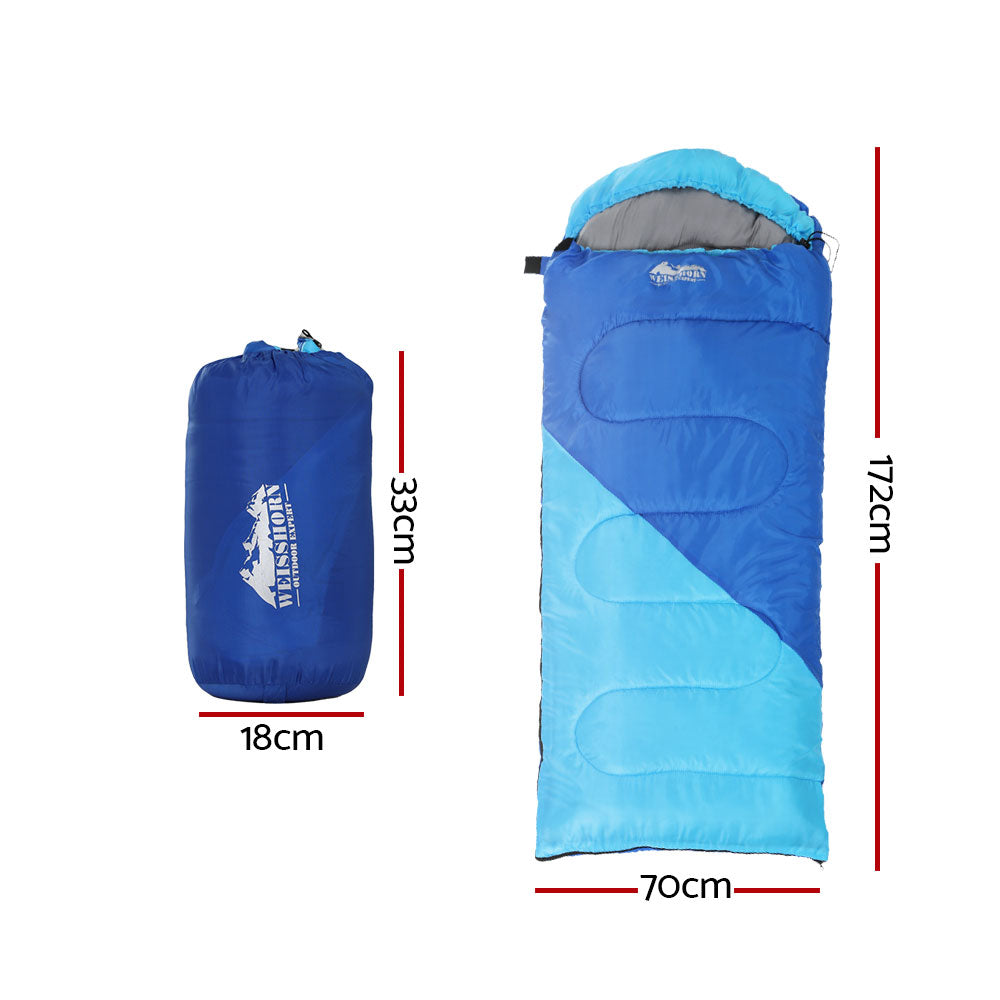 Weisshorn Sleeping Bag for kids in blue, featuring a soft polyester lining and adjustable strap, perfect for camping and hiking.