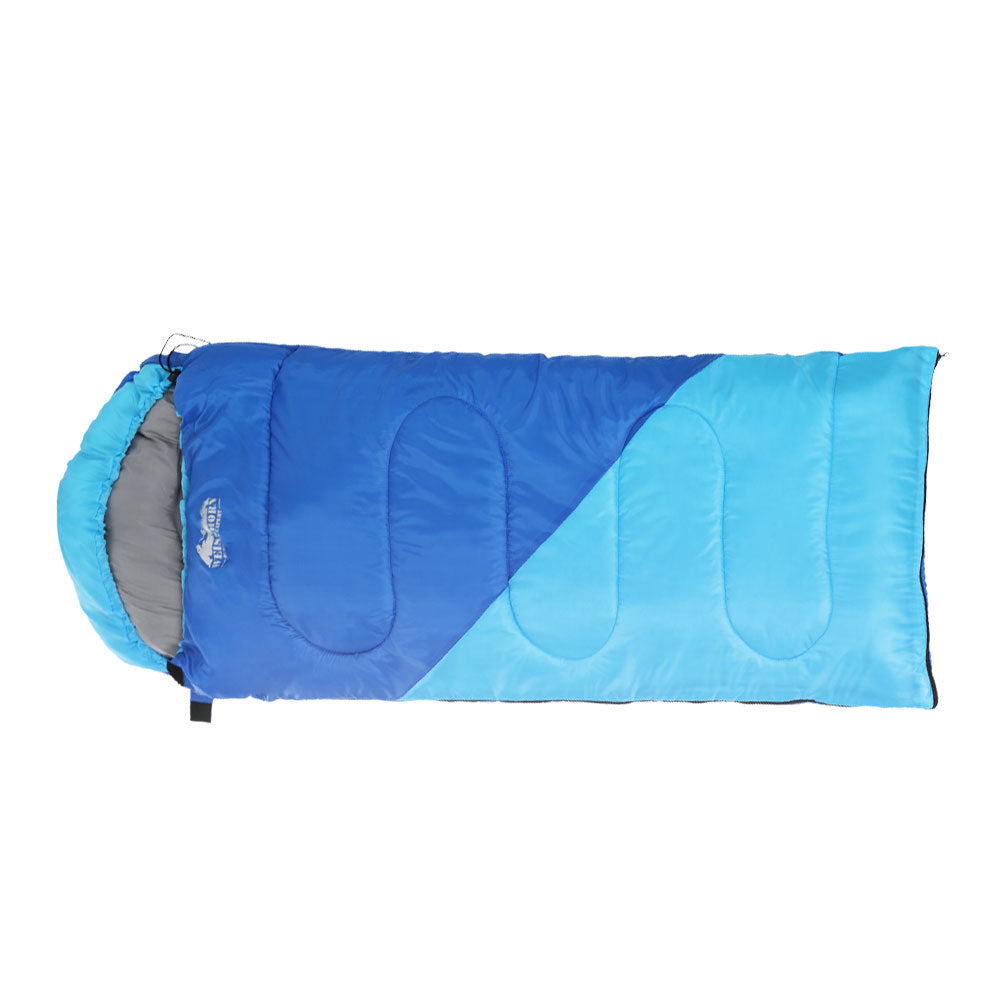 Weisshorn Sleeping Bag for kids in blue, featuring a soft polyester lining and adjustable strap, perfect for camping and hiking.