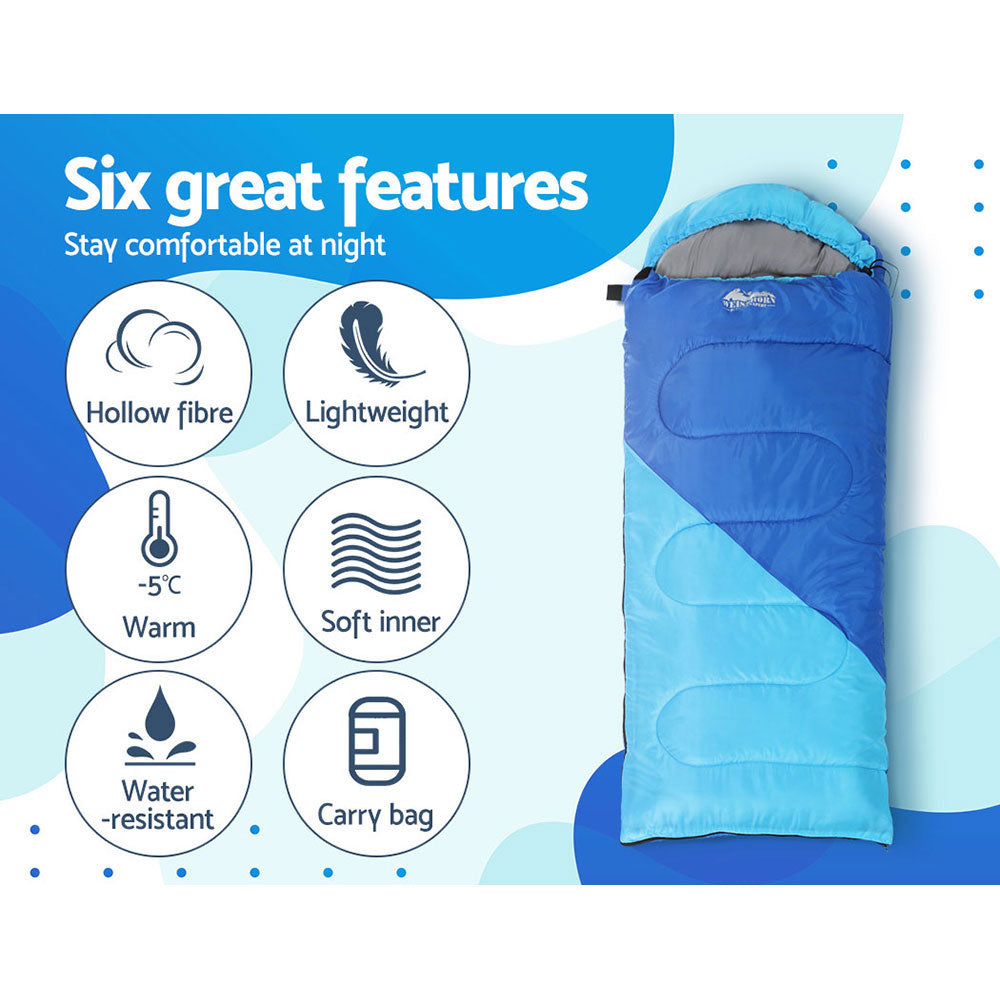 Weisshorn Sleeping Bag for kids in blue, featuring a soft polyester lining and adjustable strap, perfect for camping and hiking.