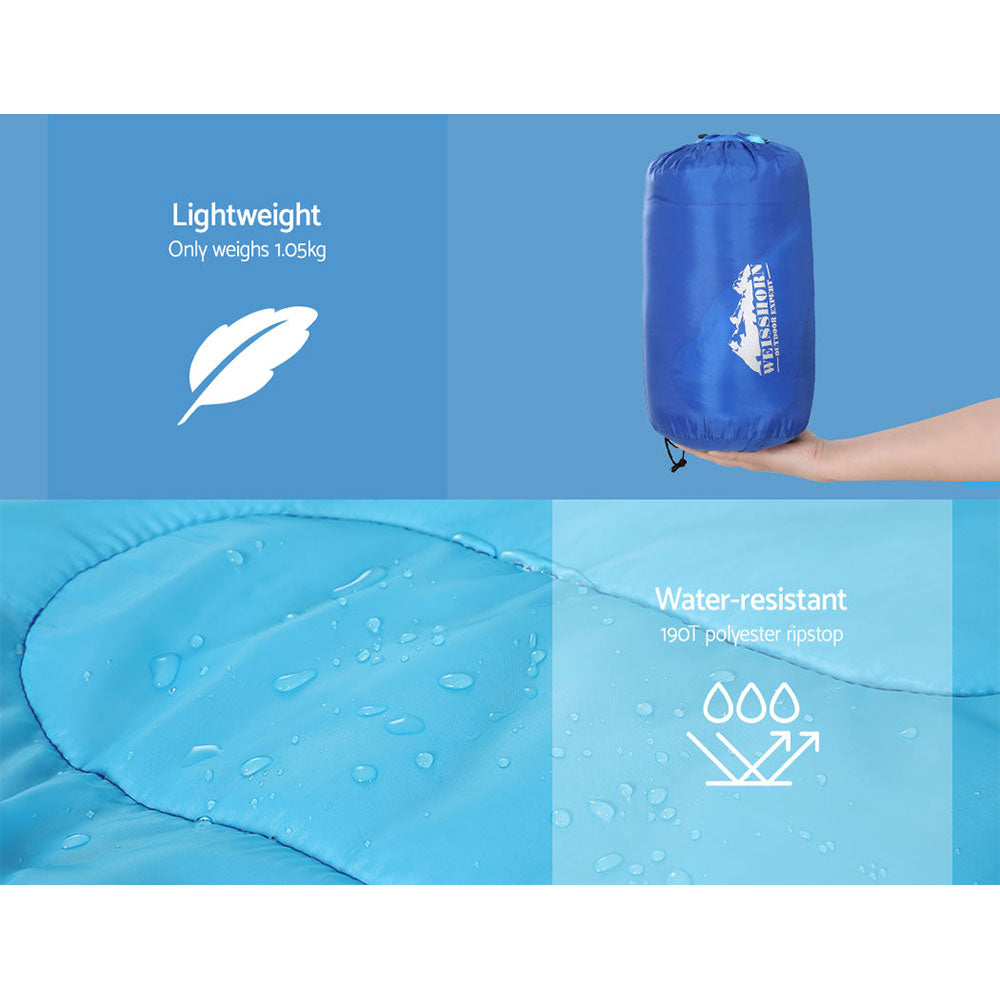 Weisshorn Sleeping Bag for kids in blue, featuring a soft polyester lining and adjustable strap, perfect for camping and hiking.