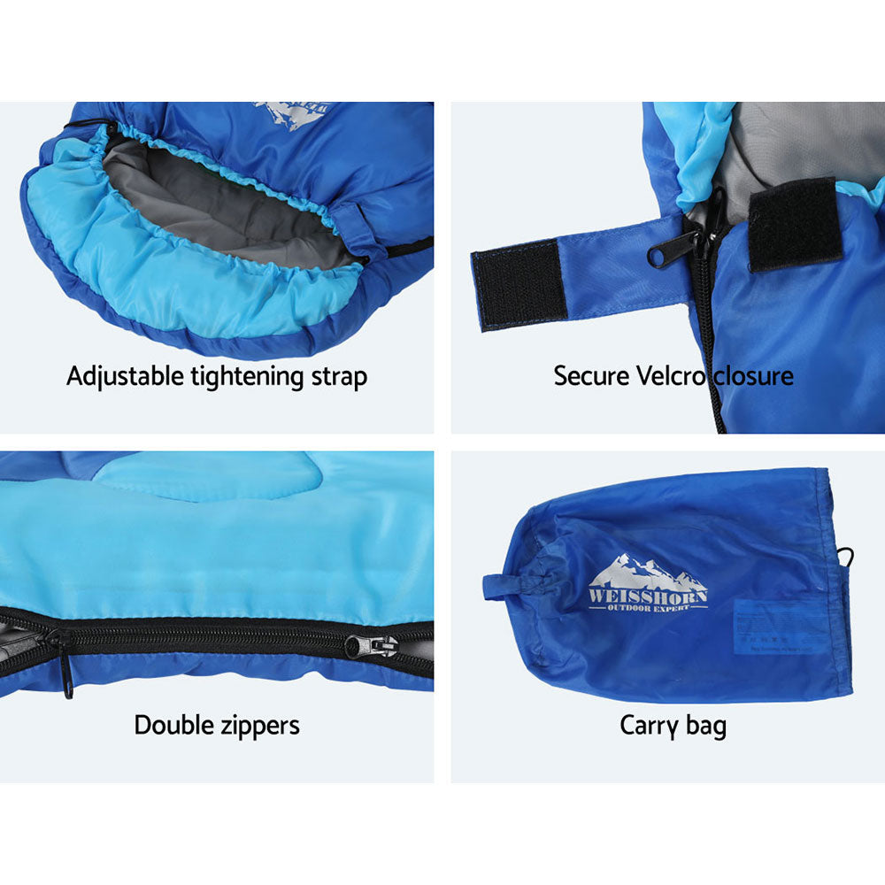 Weisshorn Sleeping Bag for kids in blue, featuring a soft polyester lining and adjustable strap, perfect for camping and hiking.