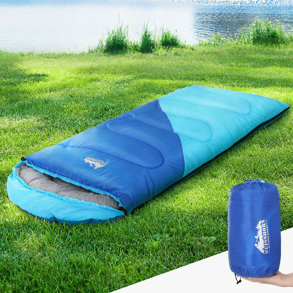 Weisshorn Sleeping Bag for kids in blue, featuring a soft polyester lining and adjustable strap, perfect for camping and hiking.