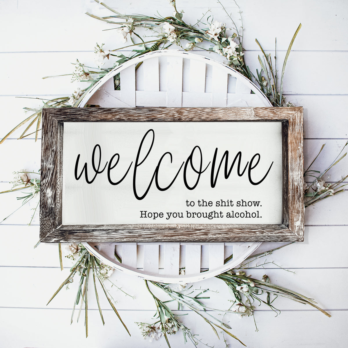 Humorous wooden sign reading 'Welcome to the Sh*t Show' with vibrant colors and a rustic frame, perfect for home decor.