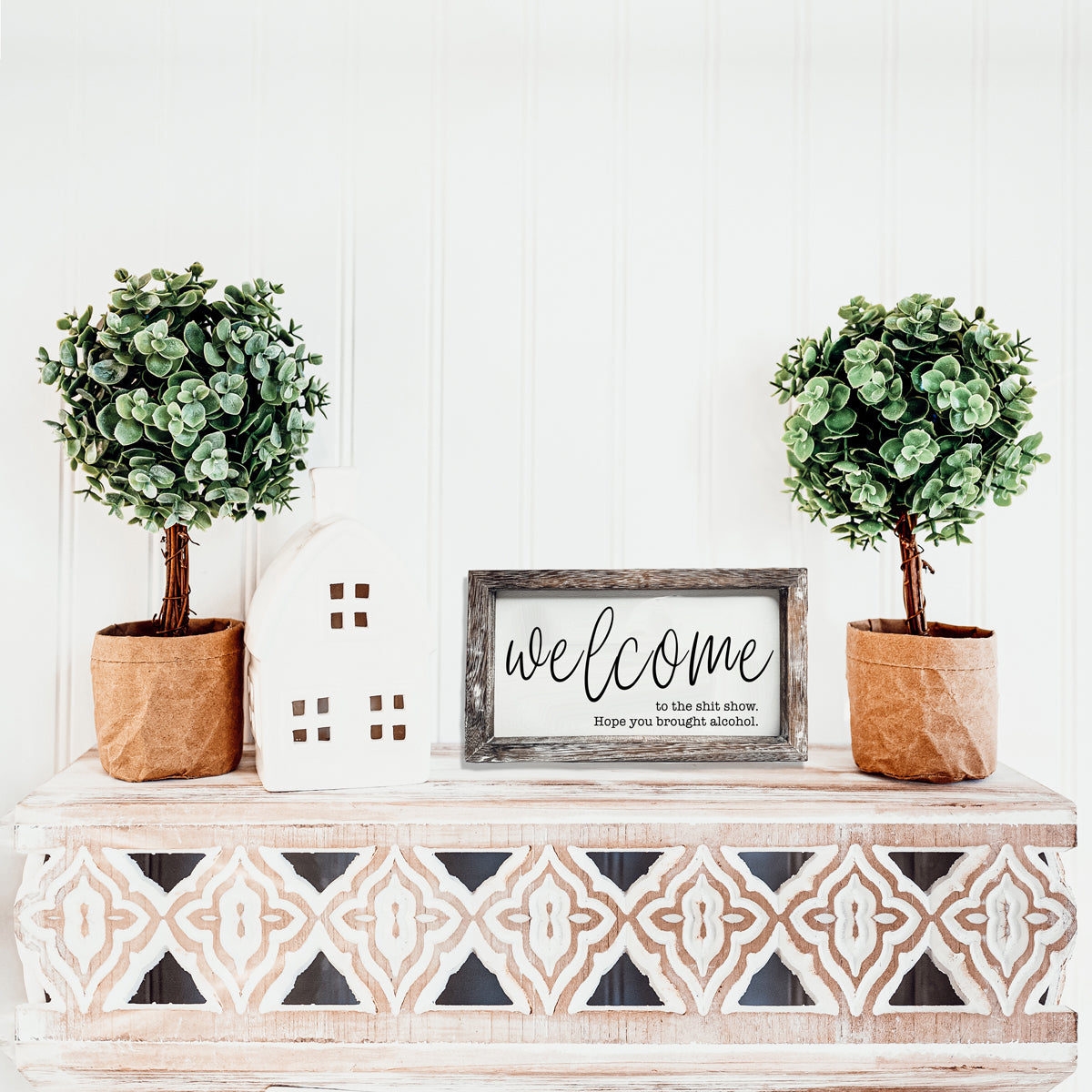 Humorous wooden sign reading 'Welcome to the Sh*t Show' with vibrant colors and a rustic frame, perfect for home decor.