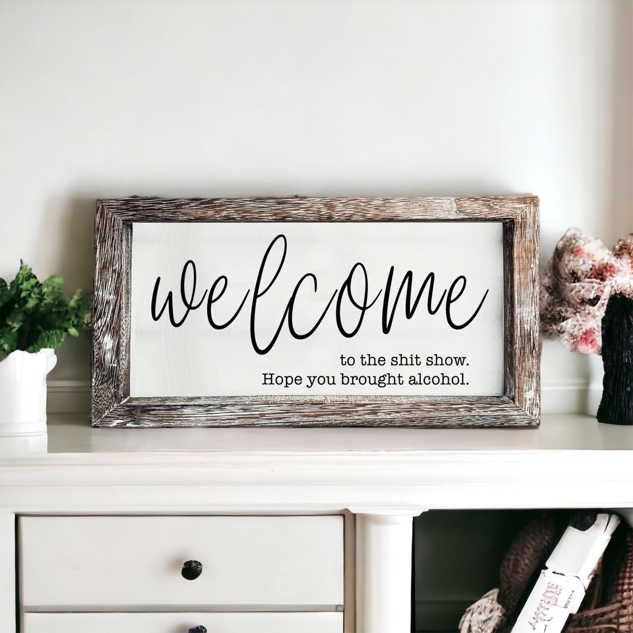 Humorous wooden sign reading 'Welcome to the Sh*t Show' with vibrant colors and a rustic frame, perfect for home decor.