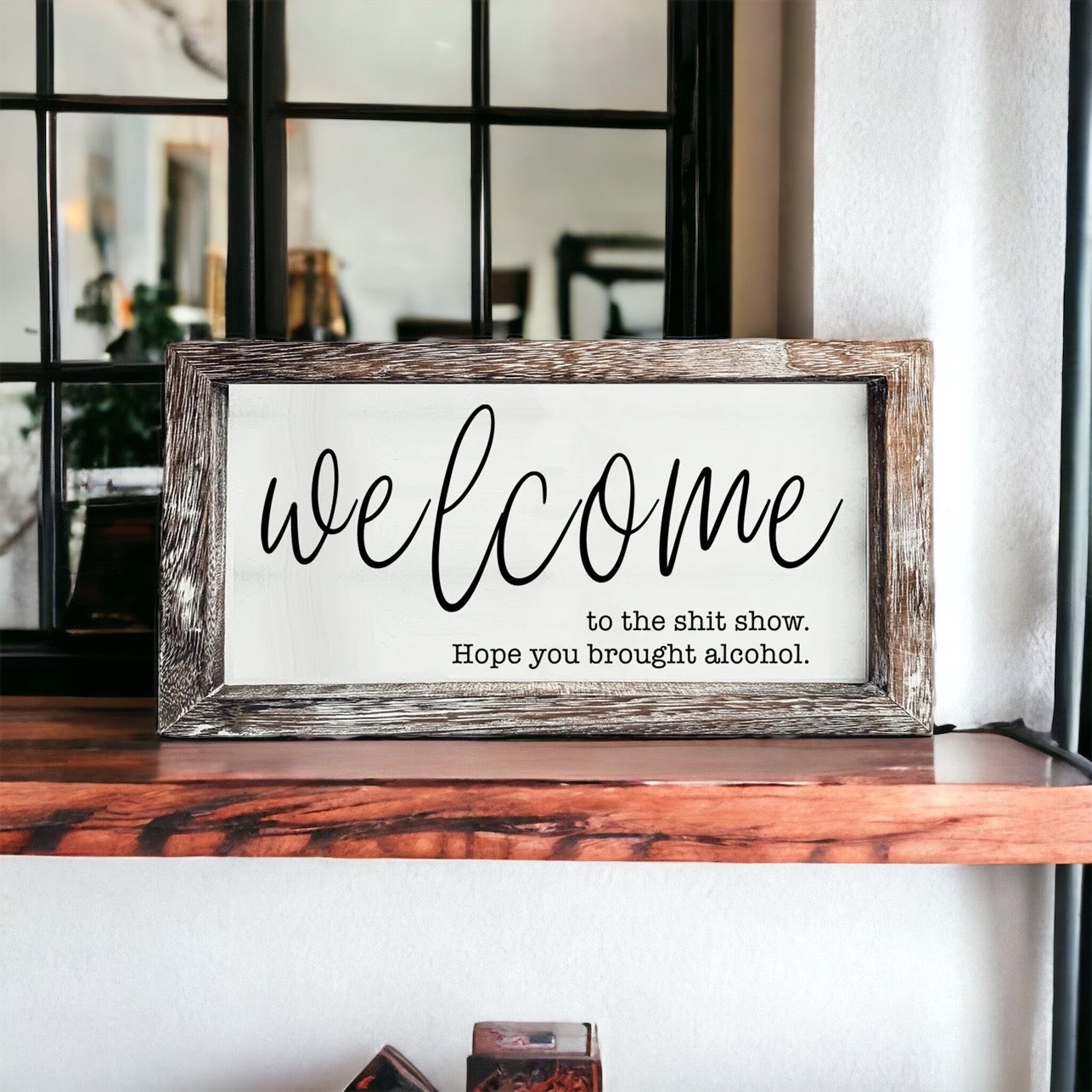 Humorous wooden sign reading 'Welcome to the Sh*t Show' with vibrant colors and a rustic frame, perfect for home decor.