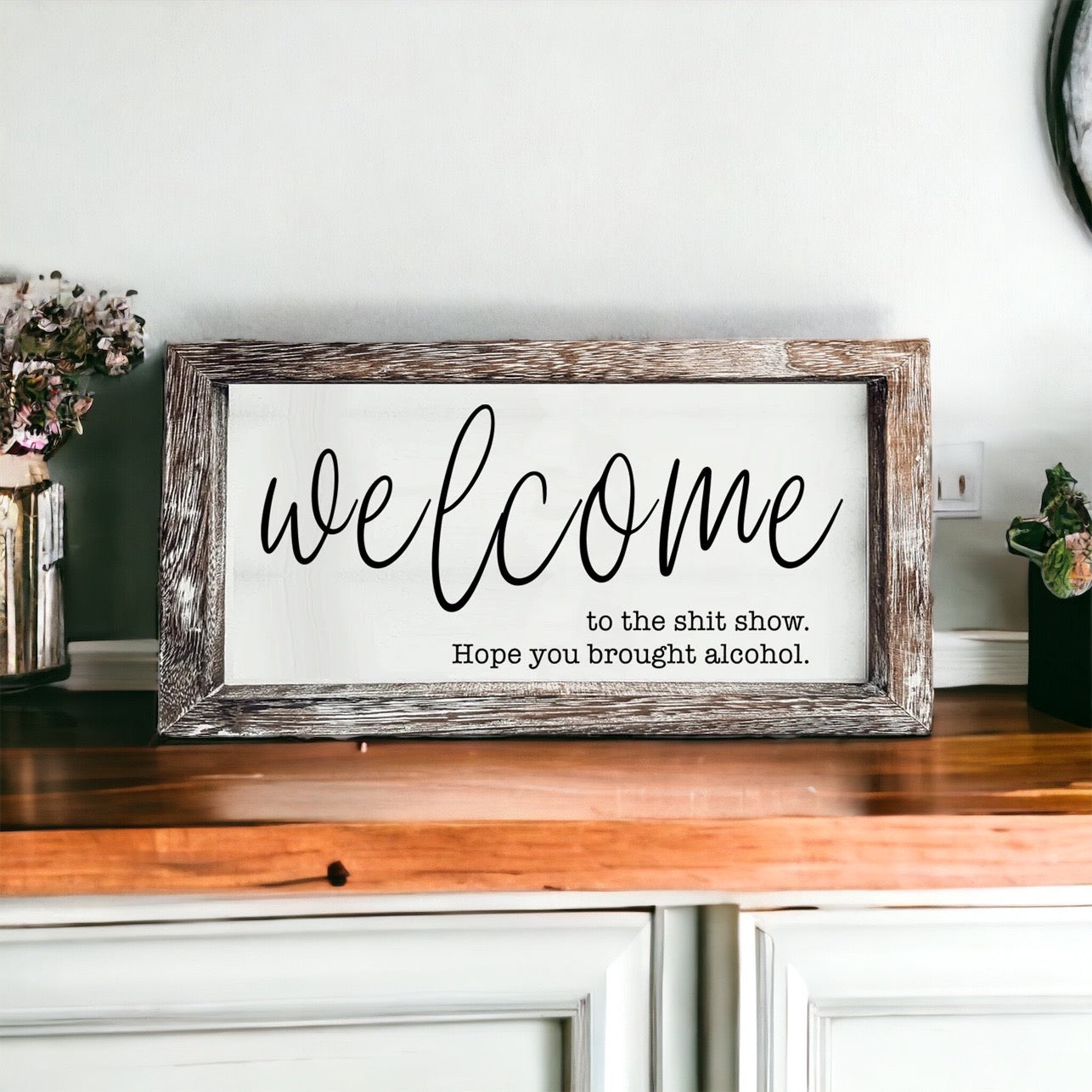 Humorous wooden sign reading 'Welcome to the Sh*t Show' with vibrant colors and a rustic frame, perfect for home decor.