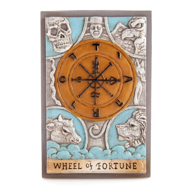 Grey tarot box with intricate wheel of fortune design, ideal for storing tarot cards and trinkets.