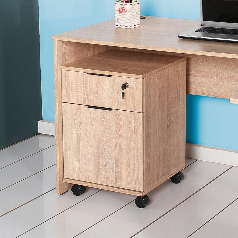 Wheeled Office Chest of Drawers PAKO in sonoma color, featuring a drawer and cupboard, designed for easy mobility.