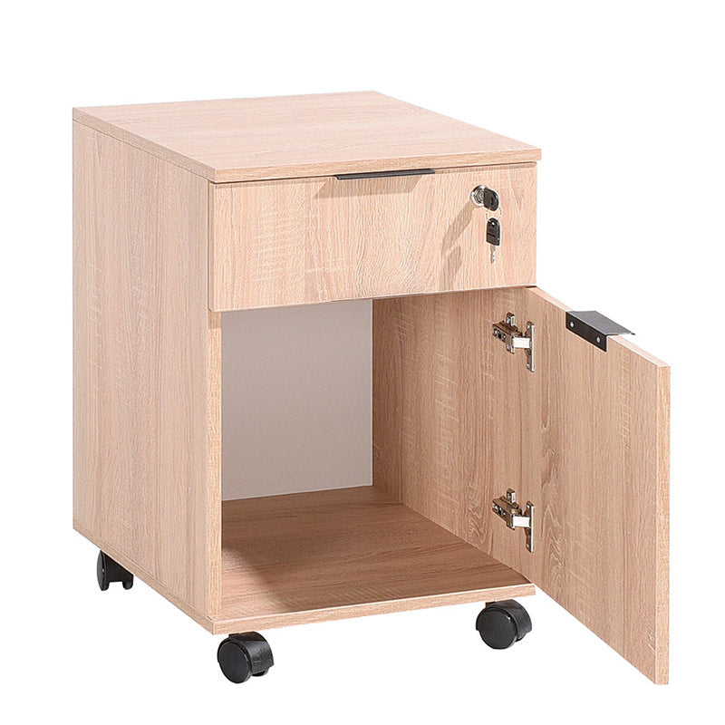 Wheeled Office Chest of Drawers PAKO in sonoma color, featuring a drawer and cupboard, designed for easy mobility.