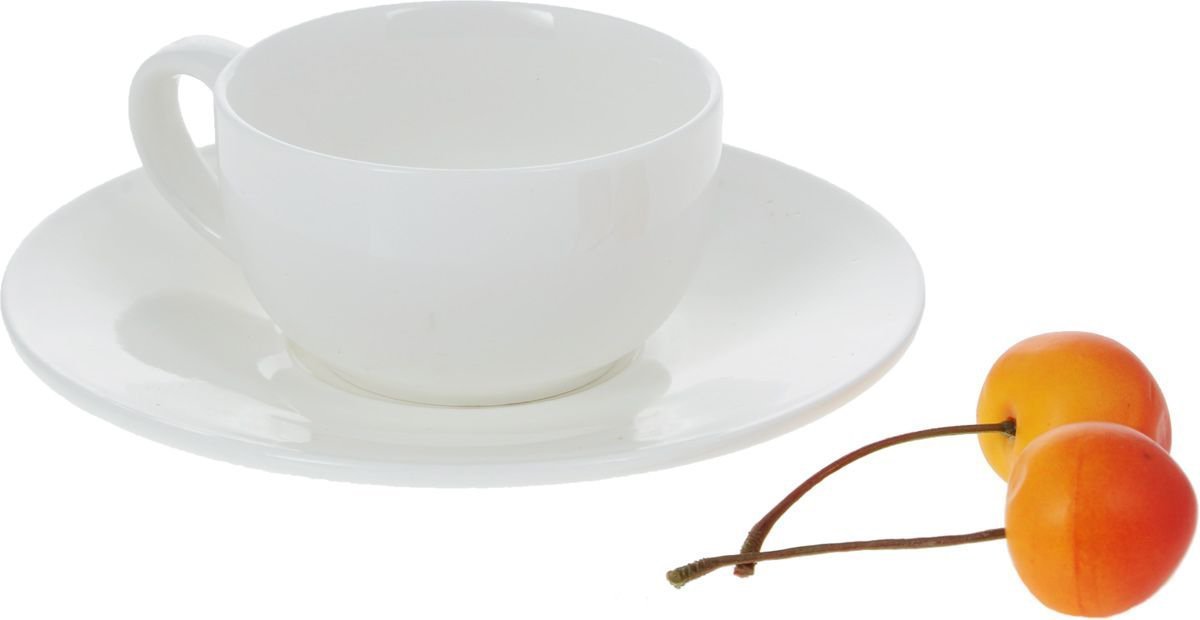 White porcelain coffee cup and saucer set, 3 oz capacity, elegantly designed for dining.