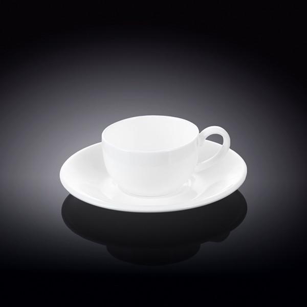 White porcelain coffee cup and saucer set, 3 oz capacity, elegantly designed for dining.