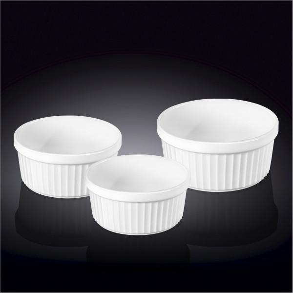 White 3-piece ramekin set featuring three sizes for individual servings, made from durable porcelain, ideal for baking and serving.