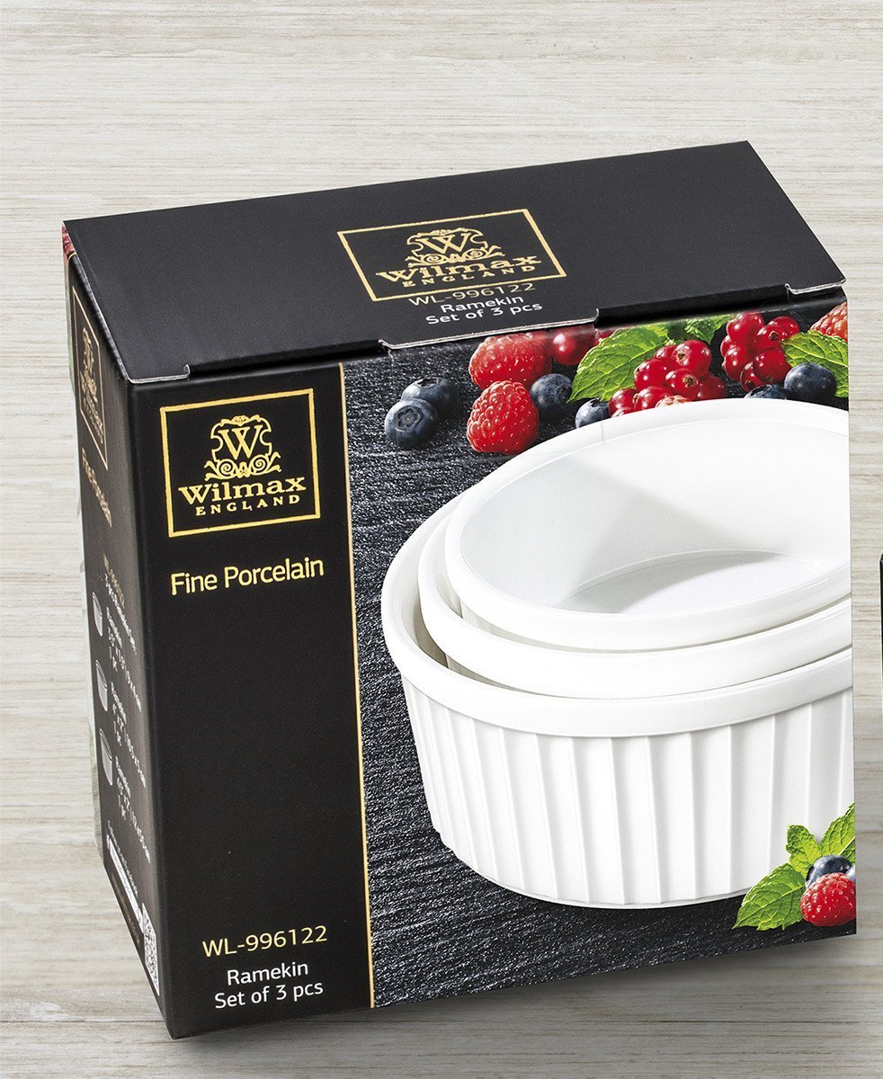 White 3-piece ramekin set featuring three sizes for individual servings, made from durable porcelain, ideal for baking and serving.