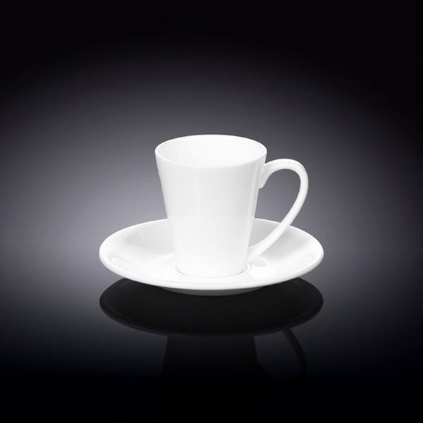 White porcelain coffee cup and saucer set, 4 oz capacity, elegant design for dining.