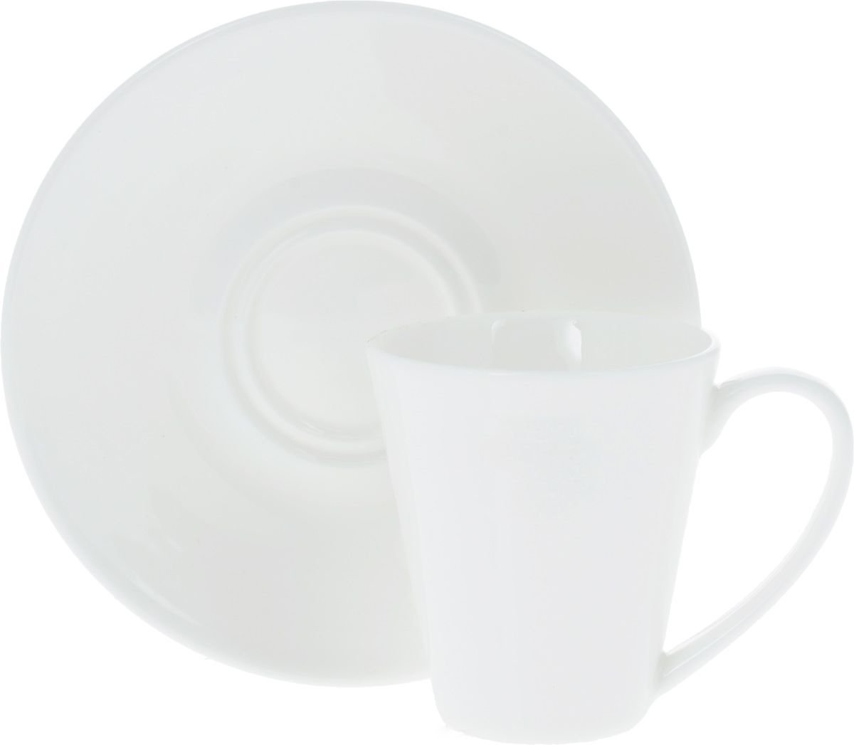 White porcelain coffee cup and saucer set, 4 oz capacity, elegant design for dining.