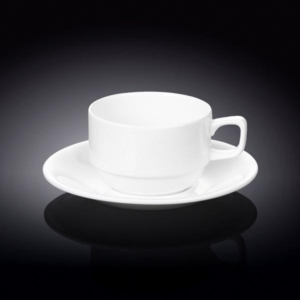 Elegant white 7 oz tea cup and saucer set made of fine porcelain, perfect for tea lovers and special occasions.