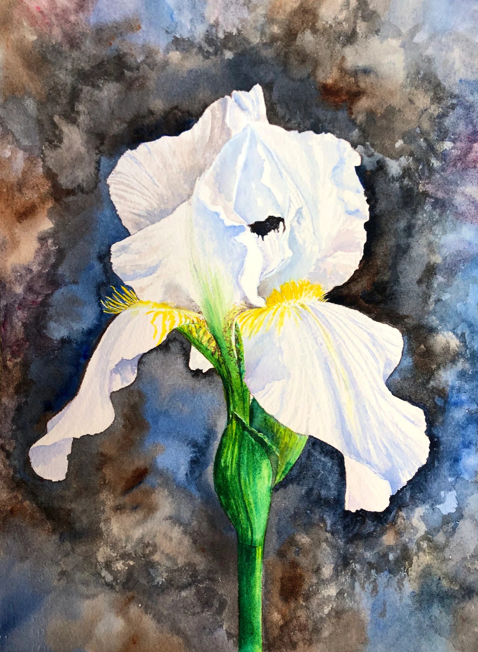 A vibrant abstract painting of a White Bearded Iris, showcasing intricate details and soothing colors created with alcohol inks.