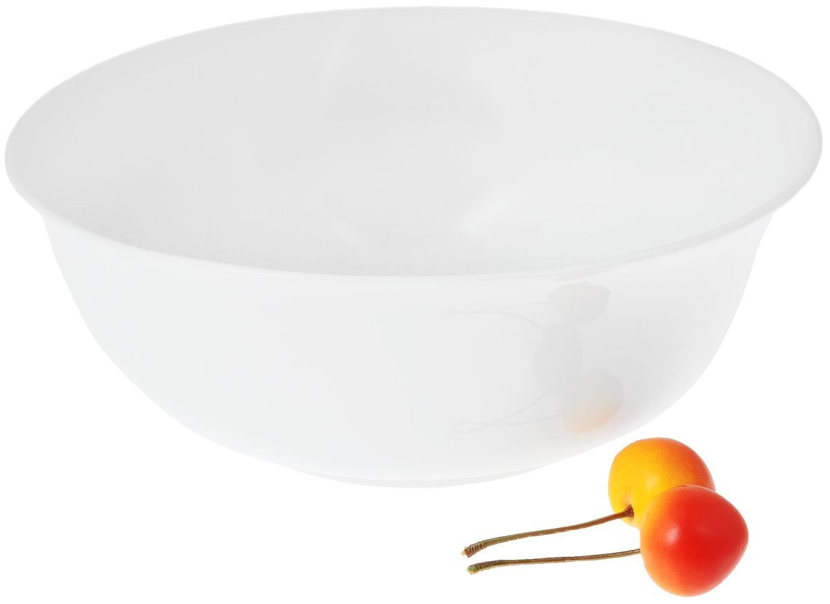 A classic 8-inch white porcelain bowl, perfect for serving soups, salads, and pasta, showcasing its elegant round design and rolled rim.