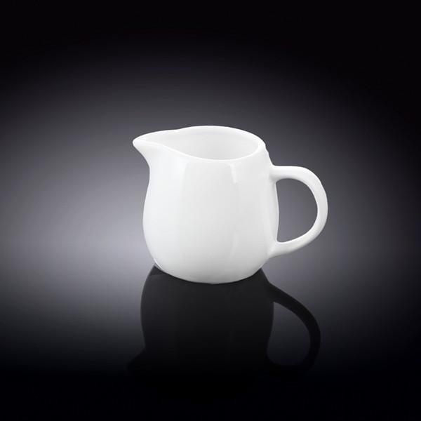 Wilmax White Creamer 5 oz, elegantly designed porcelain creamer with a handle, perfect for serving cream or sauces.