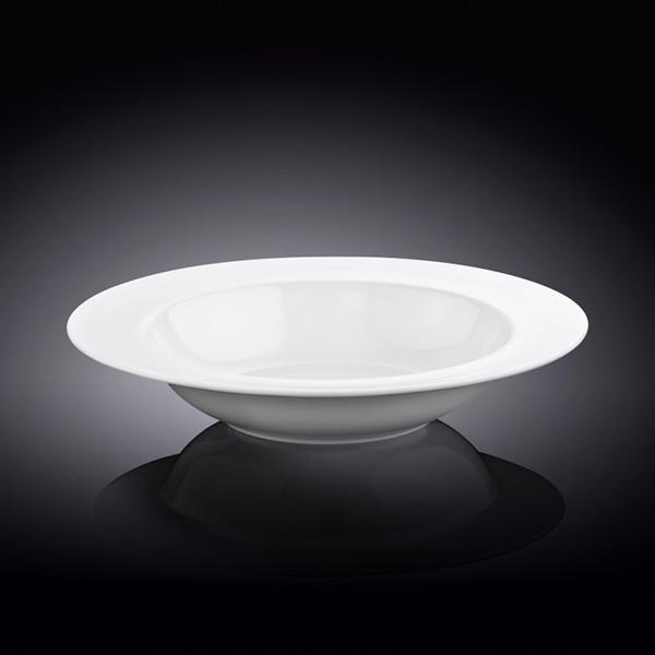 A beautiful 9-inch white deep plate made of fine porcelain, perfect for serving soups and stews.