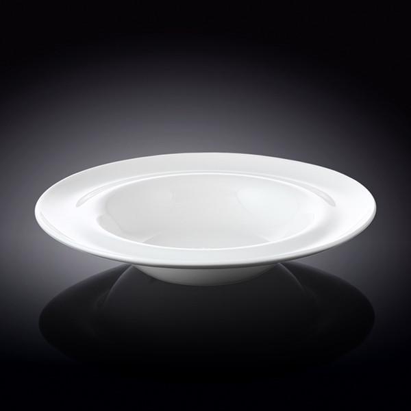 A 10-inch white deep soup plate made of fine porcelain, showcasing its elegant design and rolled rim, perfect for serving soups and stews.