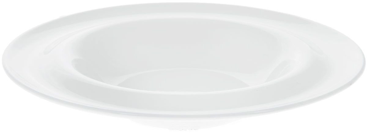 A 10-inch white deep soup plate made of fine porcelain, showcasing its elegant design and rolled rim, perfect for serving soups and stews.