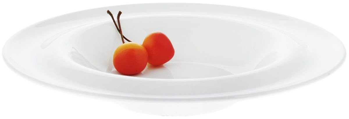 A 10-inch white deep soup plate made of fine porcelain, showcasing its elegant design and rolled rim, perfect for serving soups and stews.