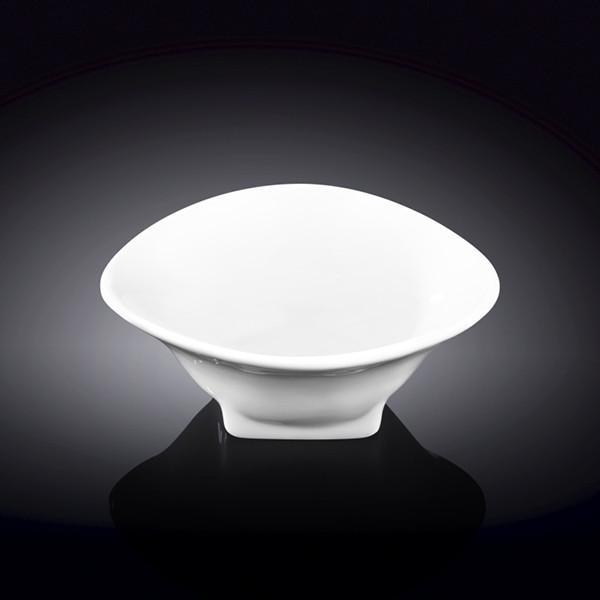 A stylish 4-inch white serving dish with an angled round shape and rolled rim, made from fine vitrified porcelain.