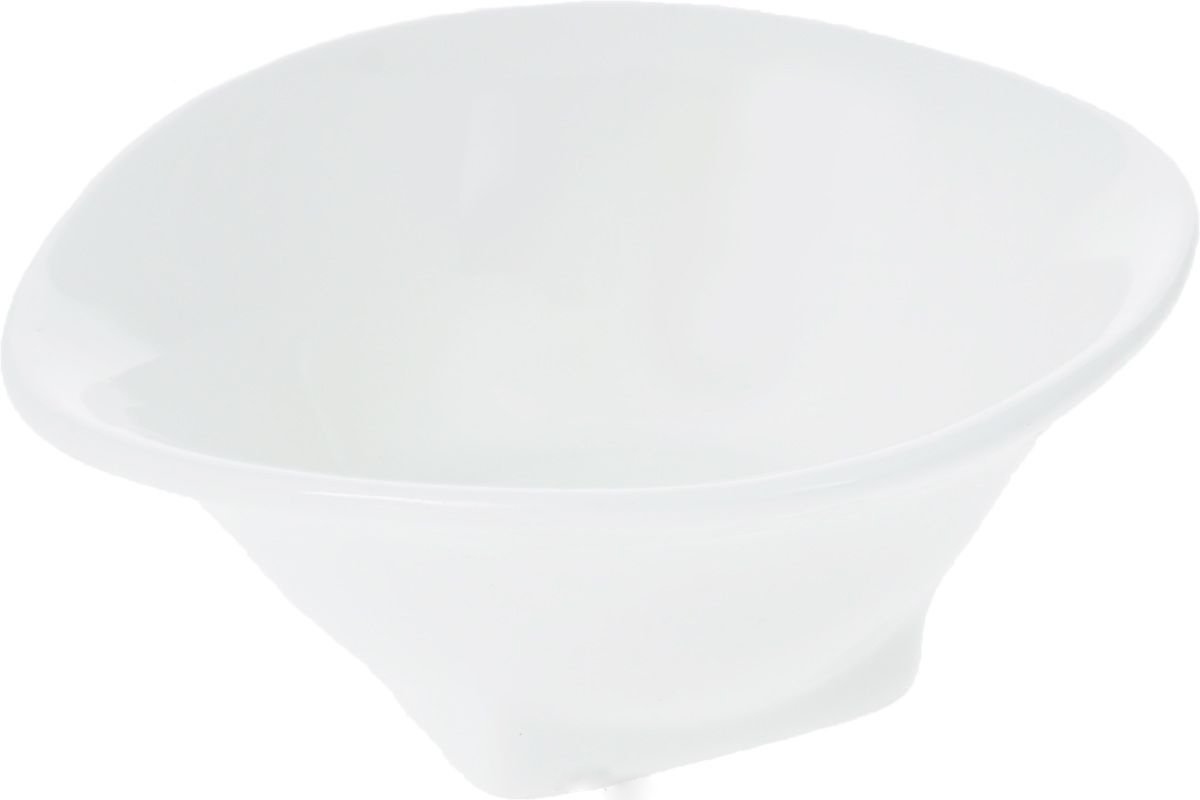 A stylish 4-inch white serving dish with an angled round shape and rolled rim, made from fine vitrified porcelain.